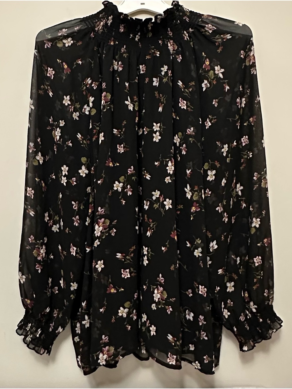 Madewell Backyard Blooms Smocked Mock Neck Blouse Black Floral 2X